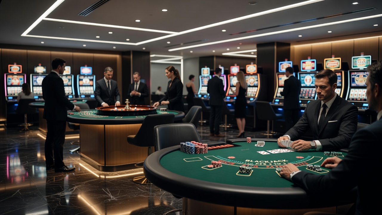 Detailansicht eines Spielautomaten mit bunten Symbolen und Gewinnlinien in einem Casino
