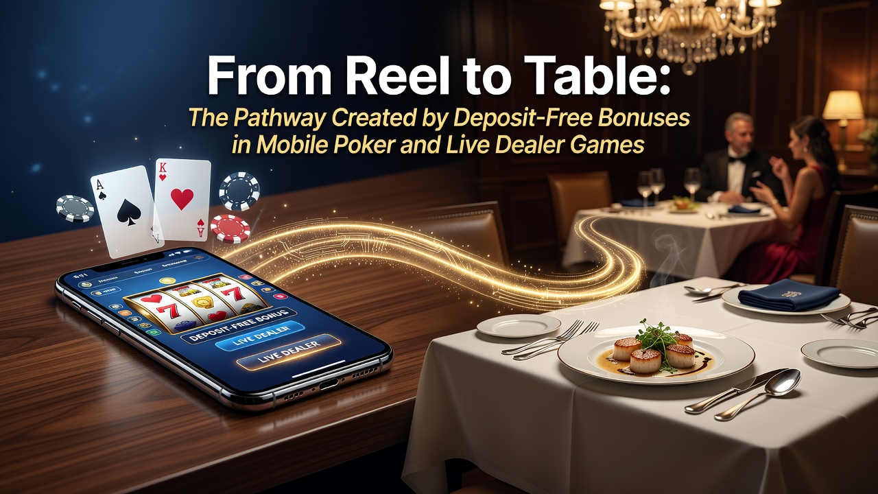 Darstellung einer mobilen App-Oberfläche, die Slot-Spins mit einem Übergang zu einem Live-Poker-Tisch mit Dealern und Spielern zeigt